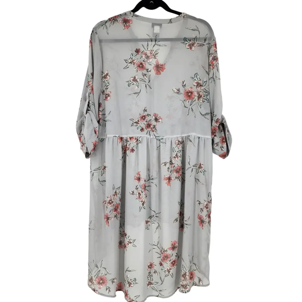 Torrid Lexie Sheer Button Front Floral Tie Tab Sleeve Babydoll Tunic Top Size 2X